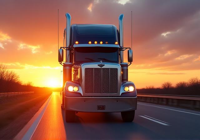 Modern logistics truck on a highway at sunset